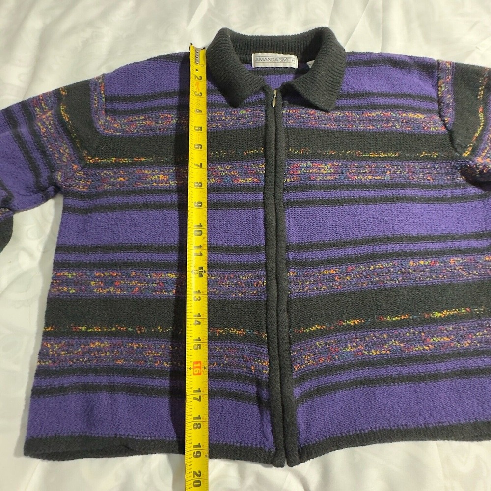 Amanda Smith Women M Full Zipper Knit Sweater Purple Multi Colored Stripes - Picture 3 of 10
